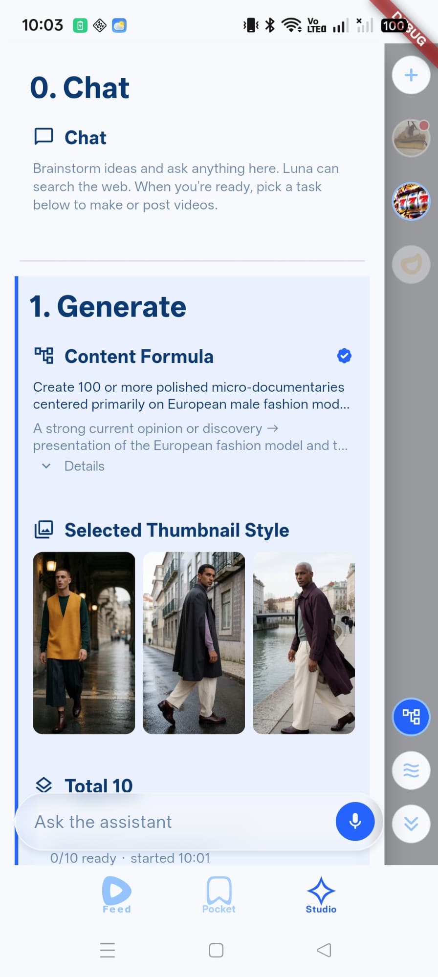 Swellz StudioのChatとGenerateで、Content Formulaと選んだサムネイルスタイルを確認する画面