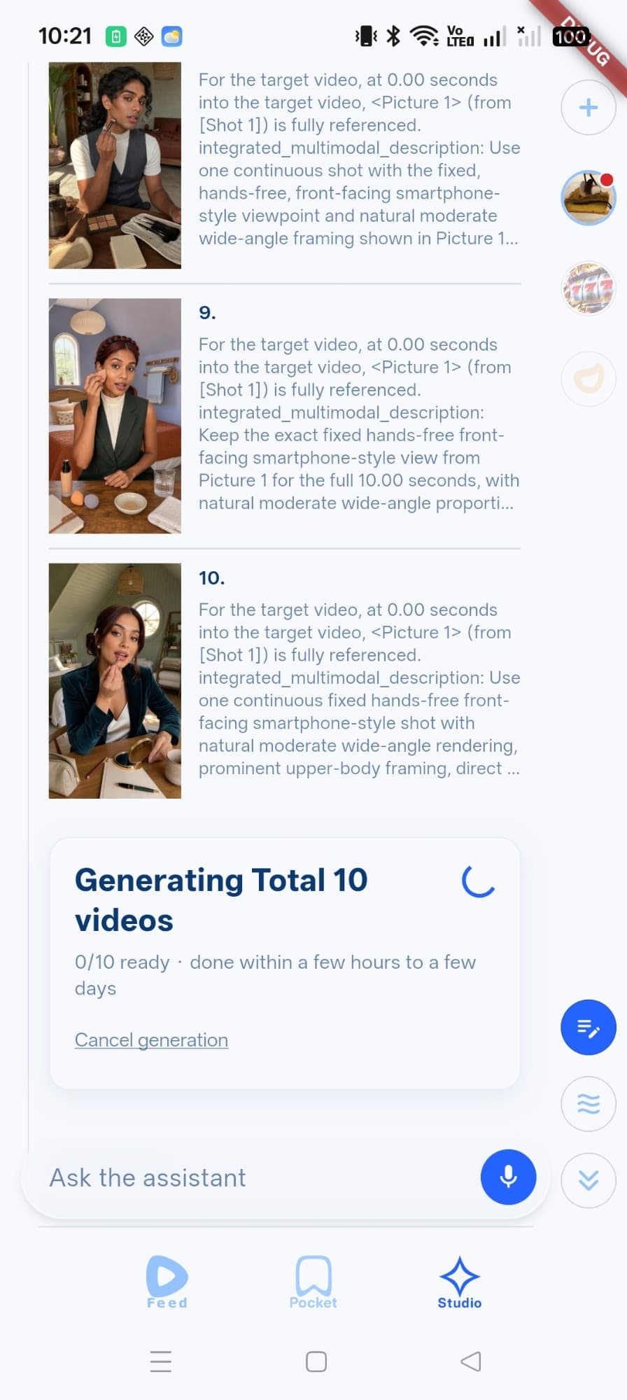 Swellz StudioでTotal 10の動画プロンプトとサムネイルが並び、10本の動画を生成中の画面